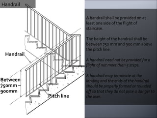 A handrail shall be provided on at least one side of the flight of staircase. The height of the handrail shall be between 750 mm and 900 mm above the pitch line. A handrail need not be provided for a flight of not more than 5 steps. A handrail may terminate at the landing and the ends of the handrail should be properly formed or rounded off so that they do not pose a danger to the user. Handrail Handrail Pitch line Between 750mm – 900mm 