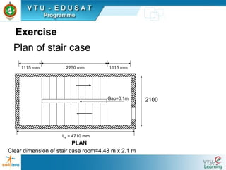 ExerciseExercise
Plan of stair case
PLAN
1115 mm 1115 mm2250 mm
Le = 4710 mm
Gap=0.1m 2100
Clear dimension of stair case room=4.48 m x 2.1 m
 