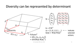 Diversity can be represented by determinant
(C) Copyright IBM Corp. 2018 15
Diversity
Volume2
= 𝑄 𝑠, 𝑎1, 𝑎3, 𝑎5
= det 𝐕(𝐱) 𝐕(𝐱)⊤
𝐕 =
𝑎1
𝑎2
𝑎3
𝑎4
𝑎5
:
=
𝑣11 𝑣12 𝑣13
𝑣21 𝑣22 𝑣23
𝑣31 𝑣32 𝑣33
𝑣41 𝑣42 𝑣43
𝑣51 𝑣52 𝑣53
:
𝐋 = 𝐕 𝐕⊤
𝐱 = 1, 0, 1, 0, 1, …
𝐋 𝐱 = 𝐕 𝐱 𝐕 𝐱 ⊤
Indicate
selected
actions
 