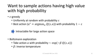 Want to sample actions having high value
with high probability
• 𝜀-greedy
• Uniformly at random with probability 𝜀
• Best action (𝑎⋆ = argmax 𝑎 𝑄(𝑠, 𝑎)) with probability 1 − 𝜀
Intractable for large action space
• Boltzmann exploration
• Take action 𝑎 with probability ∼ exp(−𝛽 𝑄(𝑠, 𝑎))
• 𝛽: inverse temperature
(C) Copyright IBM Corp. 2018 33
 