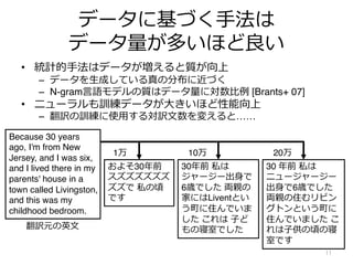 データに基づく⼿法は
データ量が多いほど良い
• 統計的⼿法はデータが増えると質が向上
– データを⽣成している真の分布に近づく
– N-gram⾔語モデルの質はデータ量に対数⽐例 [Brants+ 07]
• ニューラルも訓練データが⼤きいほど性能向上
– 翻訳の訓練に使⽤する対訳⽂数を変えると……
11
Because 30 years
ago, I'm from New
Jersey, and I was six,
and I lived there in my
parents' house in a
town called Livingston,
and this was my
childhood bedroom.
30年前 私は
ジャージー出⾝で
6歳でした 両親の
家にはLiventとい
う町に住んでいま
した これは ⼦ど
もの寝室でした
30 年前 私は
ニュージャージー
出⾝で6歳でした
両親の住むリビン
グトンという町に
住んでいました こ
れは⼦供の頃の寝
室です
およそ30年前
スズズズズズズ
ズズで 私の頃
です
翻訳元の英⽂
1万 10万 20万
 
