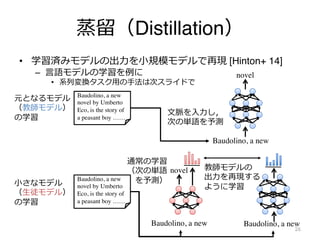 蒸留（Distillation）
• 学習済みモデルの出⼒を⼩規模モデルで再現 [Hinton+ 14]
– ⾔語モデルの学習を例に
• 系列変換タスク⽤の⼿法は次スライドで
26
Baudolino, a new
novel by Umberto
Eco, is the story of
a peasant boy ……
元となるモデル
（教師モデル）
の学習
⼩さなモデル
（⽣徒モデル）
の学習
Baudolino, a new
novel by Umberto
Eco, is the story of
a peasant boy ……
Baudolino, a new
Baudolino, a new
novel
⽂脈を⼊⼒し，
次の単語を予測
Baudolino, a new
novel 教師モデルの
出⼒を再現する
ように学習
通常の学習
（次の単語
を予測）
 