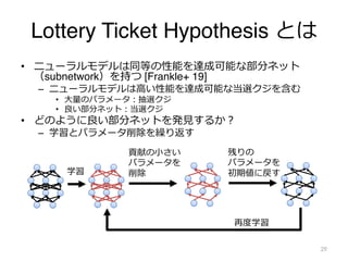 Lottery Ticket Hypothesis とは
• ニューラルモデルは同等の性能を達成可能な部分ネット
（subnetwork）を持つ [Frankle+ 19]
– ニューラルモデルは⾼い性能を達成可能な当選クジを含む
• ⼤量のパラメータ︓抽選クジ
• 良い部分ネット︓当選クジ
• どのように良い部分ネットを発⾒するか︖
– 学習とパラメータ削除を繰り返す
29
学習
貢献の⼩さい
パラメータを
削除
残りの
パラメータを
初期値に戻す
再度学習
 