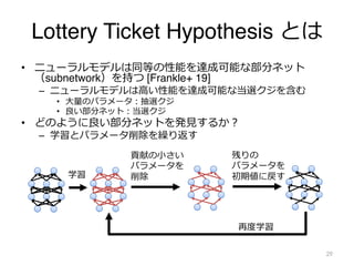 Lottery Ticket Hypothesis とは
• ニューラルモデルは同等の性能を達成可能な部分ネット
（subnetwork）を持つ [Frankle+ 19]
– ニューラルモデルは⾼い性能を達成可能な当選クジを含む
• ⼤量のパ...
