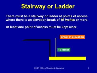 There must be a stairway or ladder at points of access where there is an elevation break of  19 inches  or more. At least ...