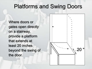 Platforms and Swing DoorsWhere doors or gates open directly on a stairway, provide a platform that extends at least 20 inches beyond the swing of the door. 