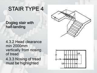 STAIR TYPE 4Dogleg stair with half-landing4.3.2 Head clearance min 2000mm vertically from nosing of tread4.3.3 Nosing of tread must be highlighted