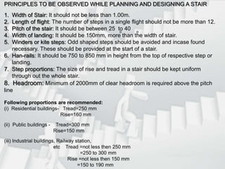 PRINCIPLES TO BE OBSERVED WHILE PLANNING AND DESIGNING A STAIR1.  Width of Stair: It should not be less than 1.00m.2.  Length of flight: The number of steps in a single flight should not be more than 12.3.  Pitch of the stair: It should be between 25  to 404.  Width of landing: It should be 150mm, more than the width of stair.5.  Winders or kite steps: Odd shaped steps should be avoided and incase found      necessary. These should be provided at the start of a stair.6.  Han-rails: It should be 750 to 850 mm in height from the top of respective step or      landing.7.  Step proportions: The size of rise and tread in a stair should be kept uniform      through out the whole stair.8.  Headroom: Minimum of 2000mm of clear headroom is required above the pitch line  Following proportions are recommended:(i)  Residential buildings-   Tread=250 mm                                        Rise=160 mm(ii)  Public buildings -    Tread=300 mm                                    Rise=150 mm (iii) Industrial buildings, Railway station,                                   etc    Tread =not less then 250 mm                                   	      =250 to 300 mm                                             Rise =not less then 150 mm                                   	    =150 to 190 mm o  o 