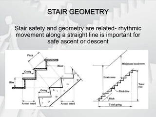 STAIR GEOMETRYStair safety and geometry are related- rhythmic movement along a straight line is important for safe ascent or descent