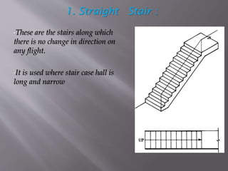 1. Straight Stair :
•These are the stairs along which
there is no change in direction on
any flight.
•It is used where stair case hall is
long and narrow
 