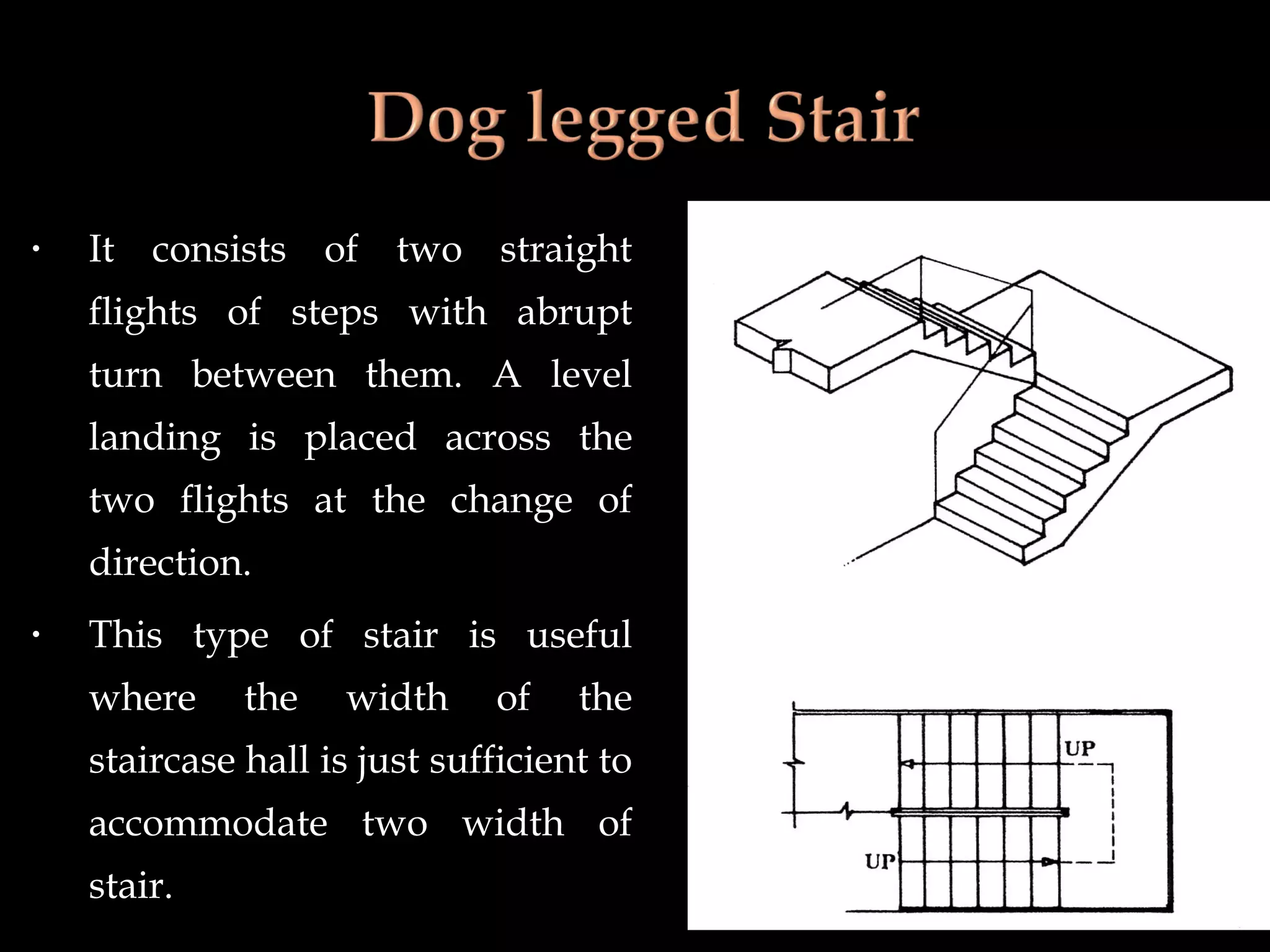 • It consists of two straight
flights of steps with abrupt
turn between them. A level
landing is placed across the
two flights at the change of
direction.
• This type of stair is useful
where the width of the
staircase hall is just sufficient to
accommodate two width of
stair.
 