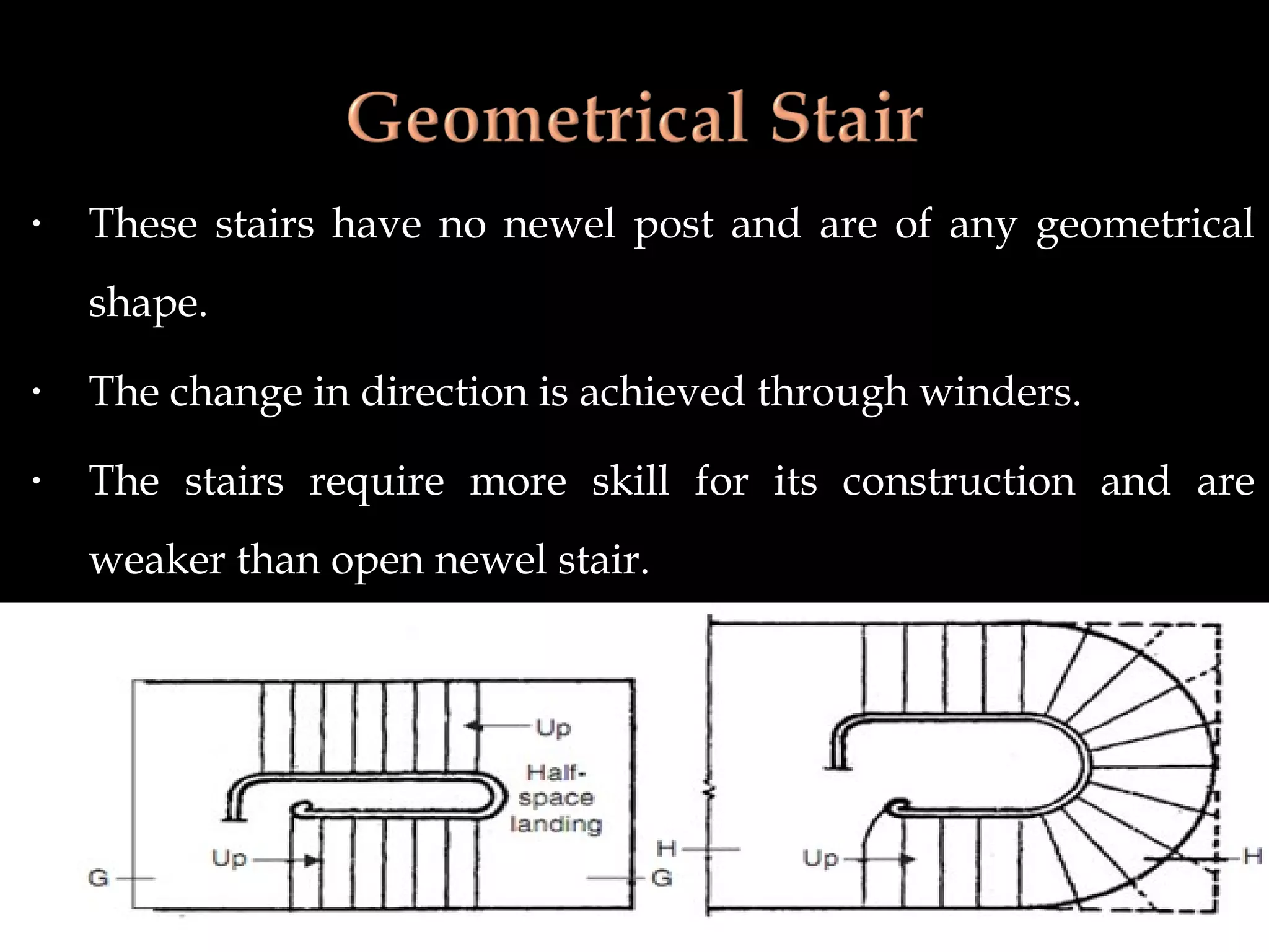 • These stairs have no newel post and are of any geometrical
shape.
• The change in direction is achieved through winders.
• The stairs require more skill for its construction and are
weaker than open newel stair.
 