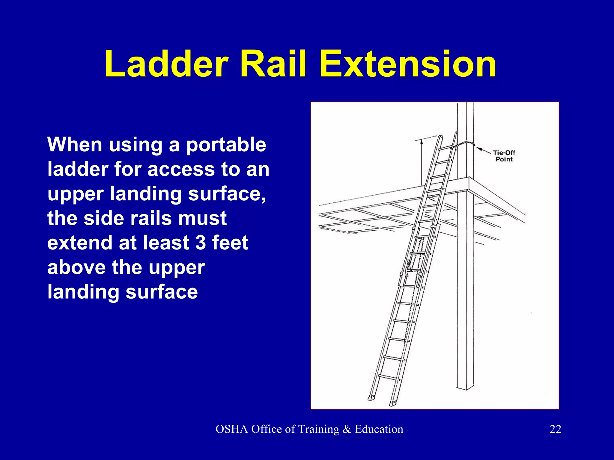 When using a portable ladder for access to an upper landing surface, the side rails must extend at least 3 feet above the upper landing surface Ladder Rail Extension 