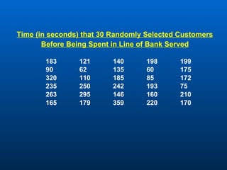 Time (in seconds) that 30 Randomly Selected Customers
       Before Being Spent in Line of Bank Served

       183      121      140       198      199
       90       62       135       60       175
       320      110      185       85       172
       235      250      242       193      75
       263      295      146       160      210
       165      179      359       220      170
 