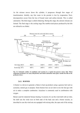 As the mixture moves down the cylinder, it progresses through four stages of
transformation. Initially, any free water in the powder is lost by evaporation. Next,
decomposition occurs from the loss of bound water and carbon dioxide. This is called
calcination. The third stage is called clinkering. During this stage, the calcium silicates are
formed. The final stage is the cooling stage.The marble-sized pieces produced by the kiln
are referred to as clinker.




Fig. 12. Schematic outline of conditions and reaction in a typical dry-process rotary kiln. When
suspension preheaters are used, dehydration and initial calcination takes place outside the kiln in the
preheater tower.



        2.4.3. BURNER

A burner is a device to generate a flame to heat up products using a gaseous fuel such as
acetylene, natural gas or propane. Some burners have an air inlet to mix the fuel gas with
air to make a complete combustion. Acetylene is commonly used in combination with
oxygen.

Burner used for industrial furnace heating. It consists of a set the wind shell with air inlet,
the shell sets the wind even on both ends of the back seat and a burner nozzles, as
described in case the wind sets are equipped with mixing tube, the open end of the mixing
 