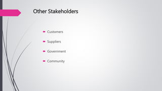 Other Stakeholders
 Customers
 Suppliers
 Government
 Community
 