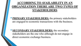 ACCORDING TO AVAILABILITY IN AN
ORGANIZATION THERE ARE TWO TYPES OF
STAKEHOLDERS
•PRIMARY STAKEHOLDERS: the primary stakeholders
are engaged to economic transactions with the business.
•SECONDARY STAKEHOLDERS: the secondary
stakeholders are the one who although do not engage in
direct economic exchange business.
 