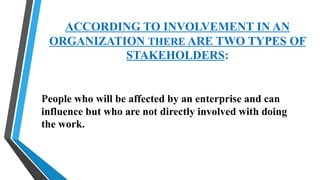 ACCORDING TO INVOLVEMENT IN AN
ORGANIZATION THERE ARE TWO TYPES OF
STAKEHOLDERS:
People who will be affected by an enterprise and can
influence but who are not directly involved with doing
the work.
 