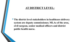 AT DISTRICT LEVEL:
•The district level stakeholders in healthcare delivery
system are deputy commissioner, MLAs of the area,
civil surgeon, senior medical officers and district
public health nurse.
 