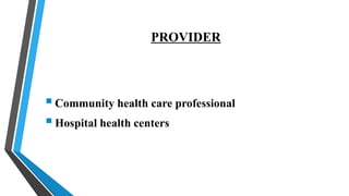 PROVIDER
Community health care professional
Hospital health centers
 
