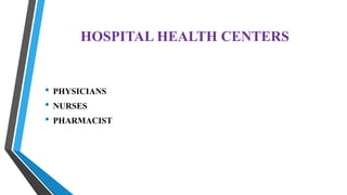 HOSPITAL HEALTH CENTERS
• PHYSICIANS
• NURSES
• PHARMACIST
 