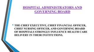 HOSPITALADMINISTRATORS AND
GOVERNING BOARD
• THE CHIEF EXECUTIVE, CHIEF FINANCIAL OFFICER,
CHIEF NURSING OFFICER, AND GOVERNING BOARD
OF HOSPITALS STRONGLY INFLUENCE HEALTH CARE
DELIVERY IN THEIR INSTITUTIONS.
 