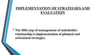 IMPLEMENTATION OF STRATEGIES AND
EVALUATION
•The fifth step of management of stakeholder
relationship is implementation of planned and
articulated strategies.
 
