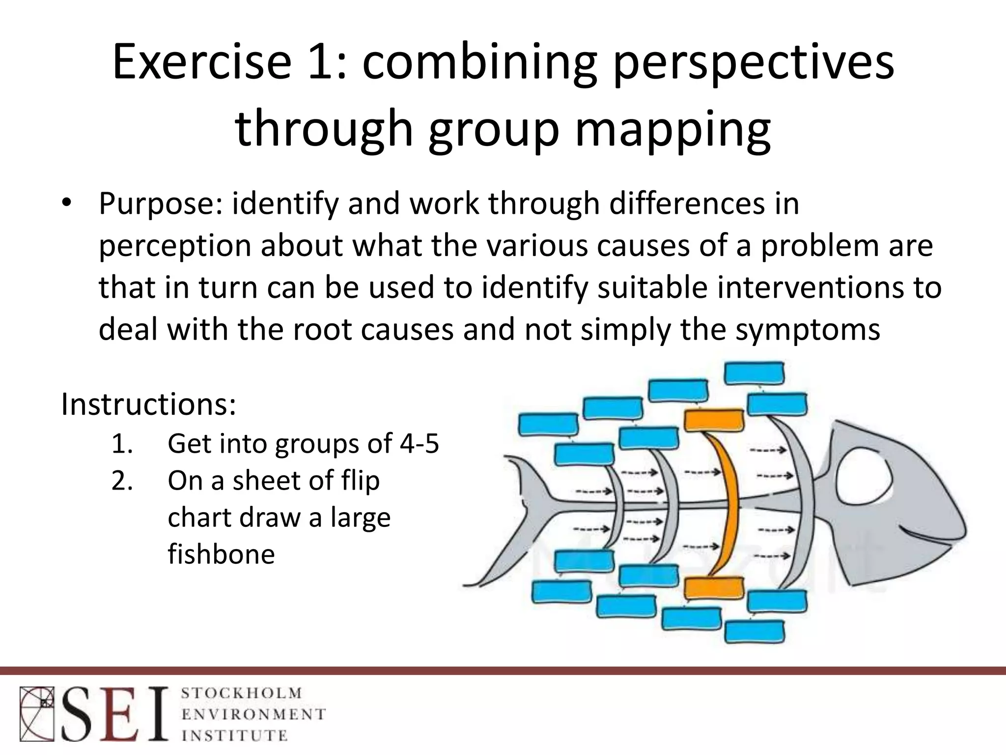 Exercise 1: combining perspectives
through group mapping
• Purpose: identify and work through differences in
perception about what the various causes of a problem are
that in turn can be used to identify suitable interventions to
deal with the root causes and not simply the symptoms
Instructions:
1.
2.

Get into groups of 4-5
On a sheet of flip
chart draw a large
fishbone

 