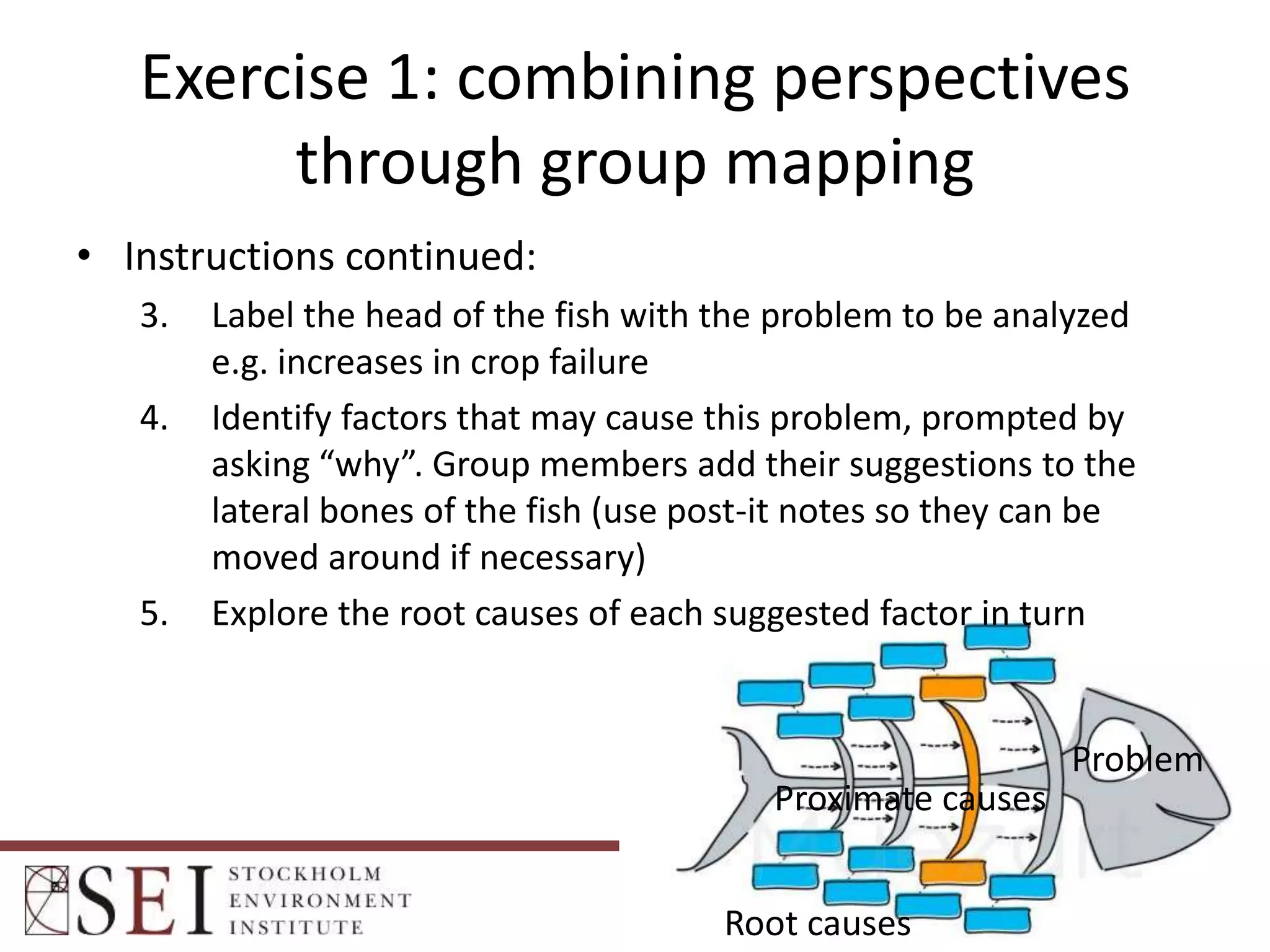 Exercise 1: combining perspectives
through group mapping
• Instructions continued:
3.
4.

5.

Label the head of the fish with the problem to be analyzed
e.g. increases in crop failure
Identify factors that may cause this problem, prompted by
asking “why”. Group members add their suggestions to the
lateral bones of the fish (use post-it notes so they can be
moved around if necessary)
Explore the root causes of each suggested factor in turn

Problem
Proximate causes
Root causes

 