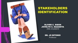 STAKEHOLDERS
IDENTIFICATION
OLIVER C. SISON
JOVELYN C. NAZARITA
MPA STUDENTS
DR. JO BITONIO
Professor
 