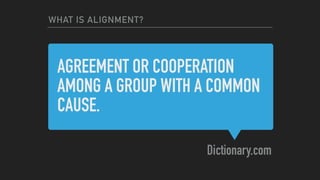 AGREEMENT OR COOPERATION
AMONG A GROUP WITH A COMMON
CAUSE.
Dictionary.com
WHAT IS ALIGNMENT?
 