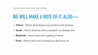 LAUNCH & BEYOND: STAY THE COURSE
▸ Values – Here’s what shapes our product and process.
▸ Goals – Here’s what we will accomplish—or already did.
▸ Methods – Here’s how we’re getting it done.
▸ Facts – Here’s what we’re basing our decisions on.
WE WILL MAKE A NOTE OF IT. ALSO—
 