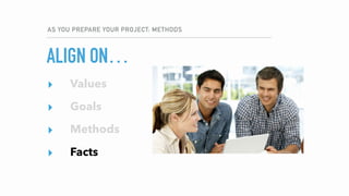ALIGN ON…
AS YOU PREPARE YOUR PROJECT: METHODS
▸ Values
▸ Goals
▸ Methods
▸ Facts
▸ Values
▸ Goals
▸ Methods
▸ Facts
 
