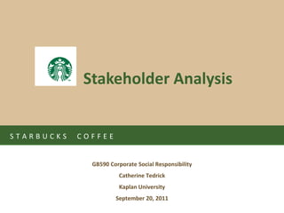 Stakeholder Analysis


STARBUCKS   COFFEE


              GB590 Corporate Social Responsibility
                       Catherine Tedrick
                       Kaplan University
                      September 20, 2011
 