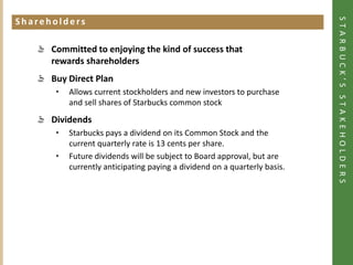 STARBUCK’S STAKEHOLDERS
Shareholders
Click to add heading




               Committed to enjoying the kind of success that
               rewards shareholders
               Buy Direct Plan
                 •     Allows current stockholders and new investors to purchase
                       and sell shares of Starbucks common stock
               Dividends
                 •     Starbucks pays a dividend on its Common Stock and the
                       current quarterly rate is 13 cents per share.
                 •     Future dividends will be subject to Board approval, but are
                       currently anticipating paying a dividend on a quarterly basis.
 