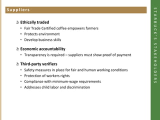 STARBUCK’S STAKEHOLDERS
Suppliers
Click to add heading




             Ethically traded
             • Fair Trade Certified coffee empowers farmers
             • Protects environment
             • Develop business skills

             Economic accountability
             • Transparency is required – suppliers must show proof of payment

             Third-party verifiers
             •   Safety measures in place for fair and human working conditions
             •   Protection of workers rights
             •   Compliance with minimum-wage requirements
             •   Addresses child labor and discrimination
 