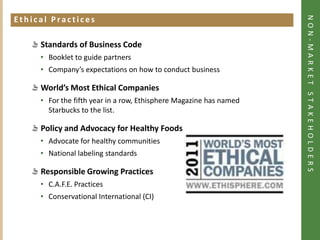 NON-MARKET STAKEHOLDERS
Ethical Practices
Click to add heading




             Standards of Business Code
             • Booklet to guide partners
             • Company’s expectations on how to conduct business

             World’s Most Ethical Companies
             • For the fifth year in a row, Ethisphere Magazine has named
               Starbucks to the list.

             Policy and Advocacy for Healthy Foods
             • Advocate for healthy communities
             • National labeling standards

             Responsible Growing Practices
             • C.A.F.E. Practices
             • Conservational International (CI)
 