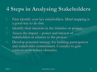 RSOG Stakeholder Analysis 8
4 Steps in Analysing Stakeholders
1. First identify your key stakeholders. Mind mapping is
a good way to do this.
2. Identify their interests in the initiative or project
3. Assess the impact – power and interest of
stakeholders in relation to the project
4. Develop potential strategy for building participation
and stakeholder commitment. Consider to gain
support or to reduce obstacles.
 