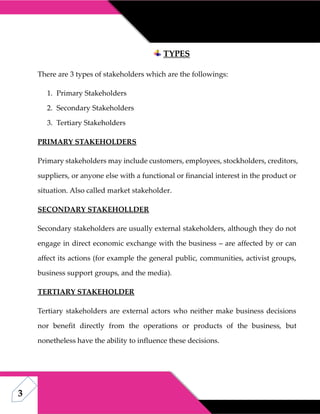 3
TYPES
There are 3 types of stakeholders which are the followings:
1. Primary Stakeholders
2. Secondary Stakeholders
3. Tertiary Stakeholders
PRIMARY STAKEHOLDERS
Primary stakeholders may include customers, employees, stockholders, creditors,
suppliers, or anyone else with a functional or financial interest in the product or
situation. Also called market stakeholder.
SECONDARY STAKEHOLLDER
Secondary stakeholders are usually external stakeholders, although they do not
engage in direct economic exchange with the business – are affected by or can
affect its actions (for example the general public, communities, activist groups,
business support groups, and the media).
TERTIARY STAKEHOLDER
Tertiary stakeholders are external actors who neither make business decisions
nor benefit directly from the operations or products of the business, but
nonetheless have the ability to influence these decisions.
 