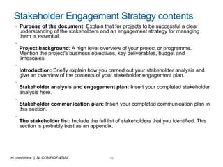 18ni.com/china | NI CONFIDENTIAL
Stakeholder Engagement Strategy contents
•  Purpose of the document: Explain that for projects to be successful a clear
understanding of the stakeholders and an engagement strategy for managing
them is essential.
• 
Project background: A high level overview of your project or programme.
Mention the project's business objectives, key deliverables, budget and
timescales.
• 
Introduction: Briefly explain how you carried out your stakeholder analysis and
give an overview of the contents of your stakeholder engagement plan.
• 
Stakeholder analysis and engagement plan: Insert your completed stakeholder
analysis here.
• 
Stakeholder communication plan: Insert your completed communication plan in
this section.
• 
The stakeholder list: Include the full list of stakeholders that you identified. This
section is probably best as an appendix.
 