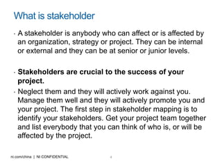 4ni.com/china | NI CONFIDENTIAL
What is stakeholder
•  A stakeholder is anybody who can affect or is affected by
an organization, strategy or project. They can be internal
or external and they can be at senior or junior levels.
•  Stakeholders are crucial to the success of your
project.
•  Neglect them and they will actively work against you.
Manage them well and they will actively promote you and
your project. The first step in stakeholder mapping is to
identify your stakeholders. Get your project team together
and list everybody that you can think of who is, or will be
affected by the project.
 