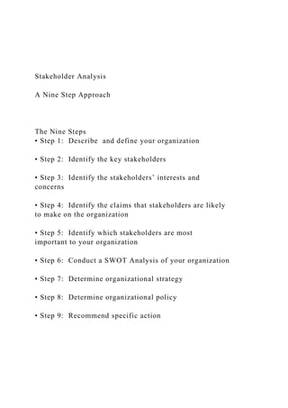 Stakeholder Analysis
A Nine Step Approach
The Nine Steps
• Step 1: Describe and define your organization
• Step 2: Identify the key stakeholders
• Step 3: Identify the stakeholders’ interests and
concerns
• Step 4: Identify the claims that stakeholders are likely
to make on the organization
• Step 5: Identify which stakeholders are most
important to your organization
• Step 6: Conduct a SWOT Analysis of your organization
• Step 7: Determine organizational strategy
• Step 8: Determine organizational policy
• Step 9: Recommend specific action
 