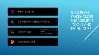 13.2.2 PLAN
STAKEHOLDER
ENGAGEMENT
: TOOLS AND
TECHNIQUES
Expert Judgment
Data Gathering (Benchmarking)
Data Analysis
Assumption and Constraint
Analysis
Root Cause Analysis
Decision Making
 