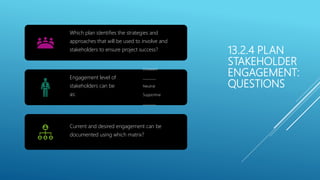 13.2.4 PLAN
STAKEHOLDER
ENGAGEMENT:
QUESTIONS
Which plan identifies the strategies and
approaches that will be used to involve and
stakeholders to ensure project success?
Engagement level of
stakeholders can be
as:
Unaware
________
Neutral
Supportive
________
Current and desired engagement can be
documented using which matrix?
 