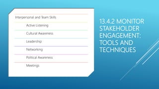 13.4.2 MONITOR
STAKEHOLDER
ENGAGEMENT:
TOOLS AND
TECHNIQUES
Interpersonal and Team Skills
Active Listening
Cultural Awareness
Leadership
Networking
Political Awareness
Meetings
 