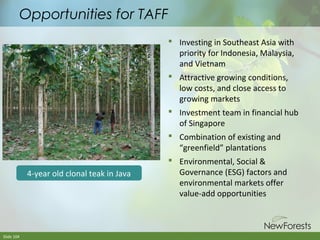 Opportunities for TAFF

4-year old clonal teak in Java

Slide 104

 Investing in Southeast Asia with
priority for Indonesia, Malaysia,
and Vietnam
 Attractive growing conditions,
low costs, and close access to
growing markets
 Investment team in financial hub
of Singapore
 Combination of existing and
“greenfield” plantations
 Environmental, Social &
Governance (ESG) factors and
environmental markets offer
value-add opportunities

 