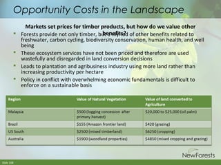 Opportunity Costs in the Landscape
Markets set prices for timber products, but how do we value other
benefits?
 Forests provide not only timber, but a myriad of other benefits related to

freshwater, carbon cycling, biodiversity conservation, human health, and well
being
 These ecosystem services have not been priced and therefore are used
wastefully and disregarded in land conversion decisions
 Leads to plantation and agribusiness industry using more land rather than
increasing productivity per hectare
 Policy in conflict with overwhelming economic fundamentals is difficult to
enforce on a sustainable basis

Slide 108

 