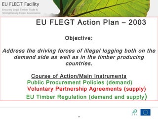 EU FLEGT Action Plan – 2003
Objective:

Address the driving forces of illegal logging both on the
demand side as well as in the timber producing
countries.
Course of Action/Main Instruments
Public Procurement Policies (demand)
Voluntary Partnership Agreements (supply)

EU Timber Regulation (demand and supply )

34

 