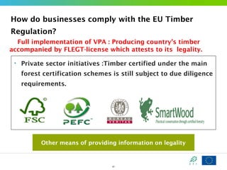 How do businesses comply with the EU Timber
Regulation?
Full implementation of VPA : Producing country’s timber
accompanied by FLEGT-license which attests to its legality.
•

Private sector initiatives :Timber certified under the main
forest certification schemes is still subject to due diligence
requirements.

Other means of providing information on legality

41

 
