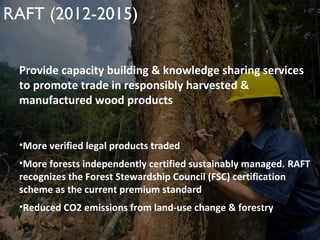 RAFT (2012-2015)
Provide capacity building & knowledge sharing services
to promote trade in responsibly harvested &
manufactured wood products

•More verified legal products traded
•More forests independently certified sustainably managed. RAFT
recognizes the Forest Stewardship Council (FSC) certification
scheme as the current premium standard
•Reduced CO2 emissions from land-use change & forestry

 